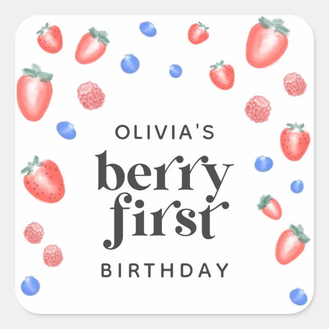 Adesivo Quadrado Berry First Birthday Strawberry (Frente)