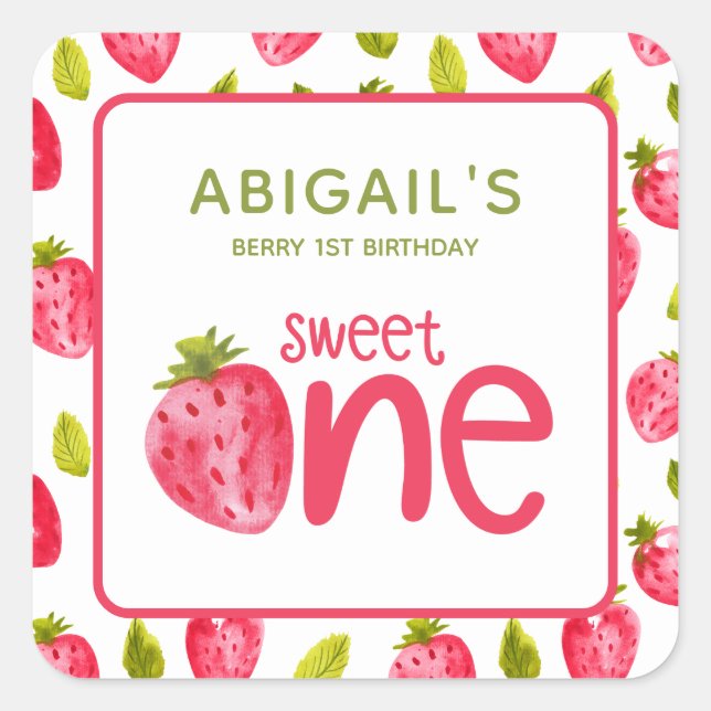 Adesivo Quadrado Berry First Strawberry Birthday (Frente)
