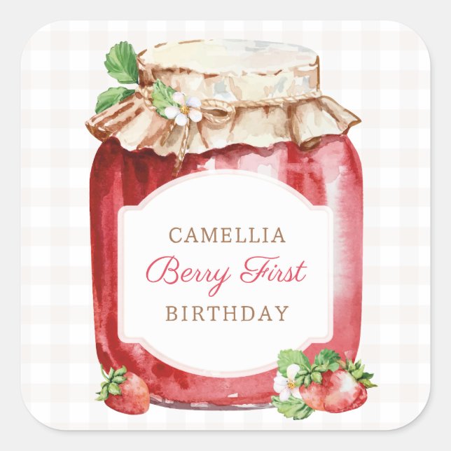 Adesivo Quadrado Berry First Strawberry Jam primeiro aniversario Pa (Frente)