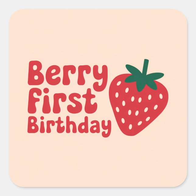Adesivo Quadrado Berry Primeiro Aniversário - Cute Strawberry Theme (Frente)