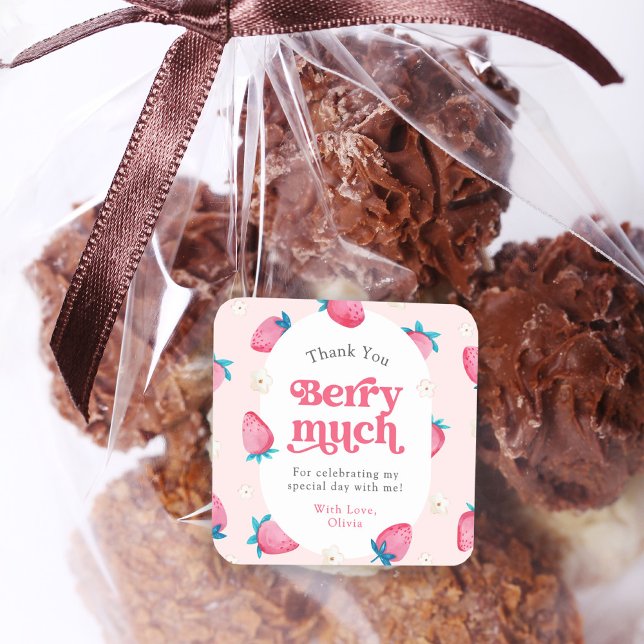 Adesivo Quadrado Berry primeiro aniversario Strawberry Primeiro Bda (Criador carregado)