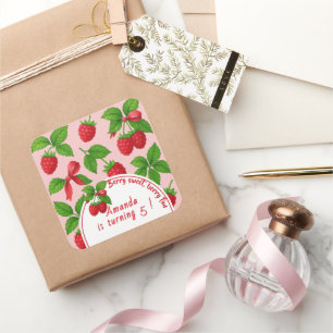 Adesivo Quadrado Berry Sweet Raspberry Aniversário de criança Party