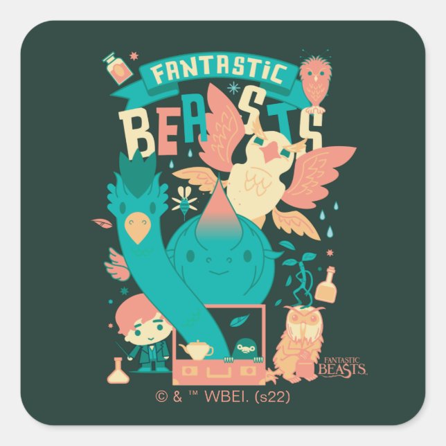 Adesivo Quadrado Bestas Fantásticas De Cartoon Com Newt Scamander (Frente)