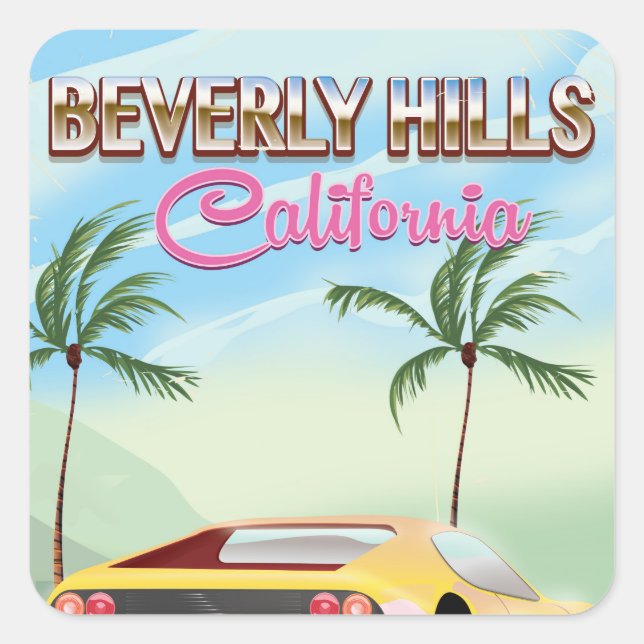 Adesivo Quadrado Beverly Colinas California retro poster de viagens (Frente)