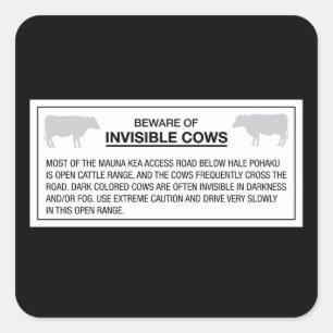 Adesivo Quadrado Beware das vacas invisíveis, sinal, Havaí, E.U.