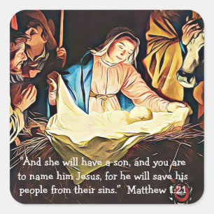 Adesivo Quadrado Bíblia Verse, Matthew 1:21 Mary e Jesus Natal