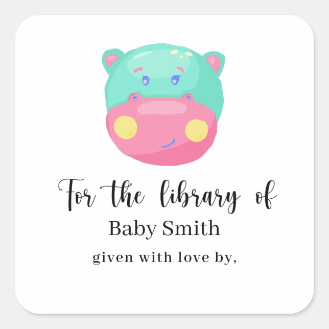 Adesivo Quadrado Biblioteca do Chá de Bebê - Hipopótamo (Frente)