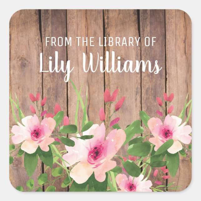 Adesivo Quadrado Biblioteca Floral de Cores de Madeira Rústica (Frente)