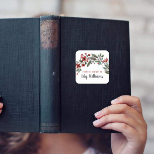 Adesivo Quadrado Biblioteca Floral Vermelha Watercolor Ex Libris Bo