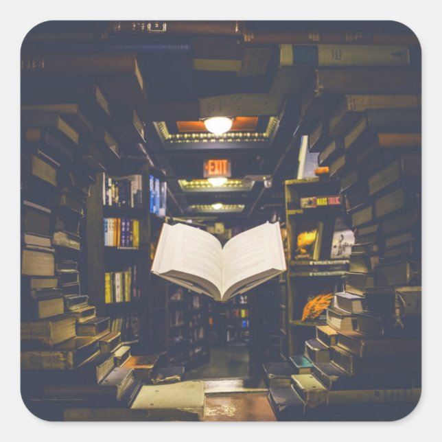 Adesivo Quadrado Biblioteca Livros Prateleiras Abrir Livro Lido (Frente)