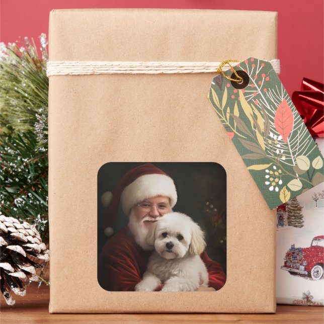 Adesivo Quadrado Bichon Frise com Papai Noel Natal Festivo (Feriado)