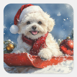 Adesivo Quadrado Bichon Frise Dog Sledge Deixe-o nevar no Natal