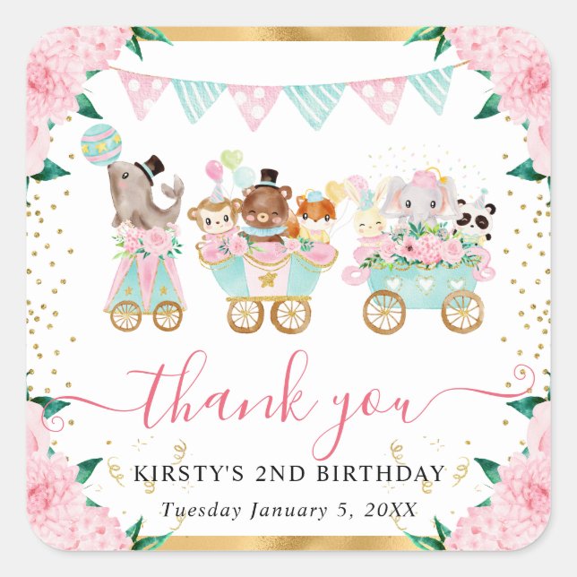 Adesivo Quadrado Bichos de Circo Rosa de Aquarela Aniversário Flora (Frente)