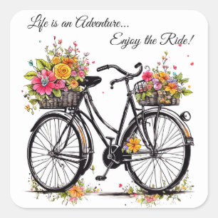 Adesivo Quadrado Bicicleta Com Cesta De Flores De Laranja Amarelo C