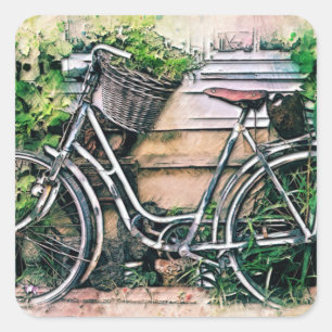 Adesivo Quadrado Bicicleta e Cesta no Jardim