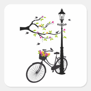 Adesivo Quadrado Bicicleta velha com candeeiro, cesto de flores, pá