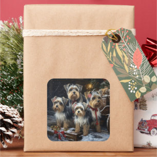 Adesivo Quadrado Biewer Terrier Nevado Trenó de Natal Decoração de 