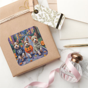 Adesivo Quadrado Biewer Terrier Trick-or-Tratating Halloween Costum