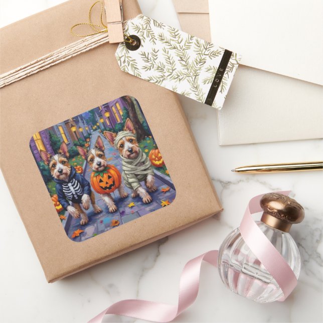 Adesivo Quadrado Biewer Terrier Trick-or-Tratating Halloween Costum (Presentear)