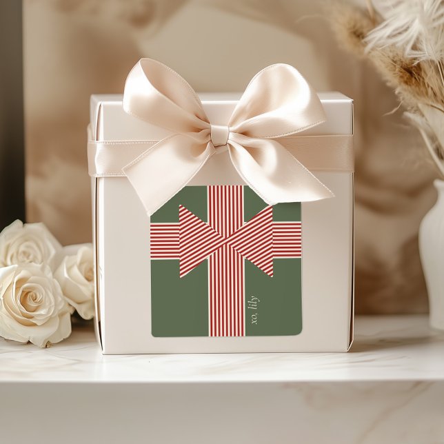Adesivo Quadrado Big Bow of Striped Ribbon (personalized holiday theme sticker)