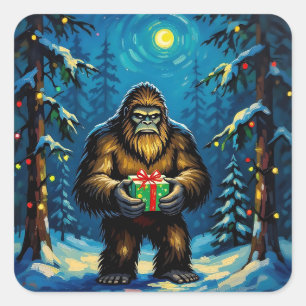 Adesivo Quadrado Bigfoot engraçado segurando um presente de Natal