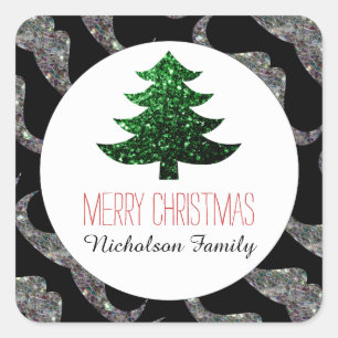 Adesivo Quadrado Bigode de árvore de Natal Verde brilha Gift Tag