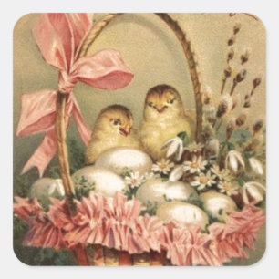ADESIVO QUADRADO BILHETE ELEGANTE, GALINHAS, FLORES E OVOS ORIENTAI