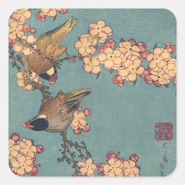 Adesivo Quadrado Birds Flowers Hokusai Art Japonês (Frente)