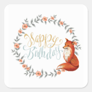 Adesivo Quadrado Birthday Fox Wreath