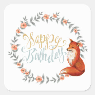 Adesivo Quadrado Birthday Fox Wreath