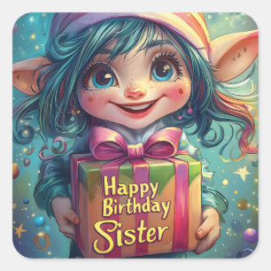 Adesivo Quadrado Birthday Gnome - Feliz Aniversário Irmã