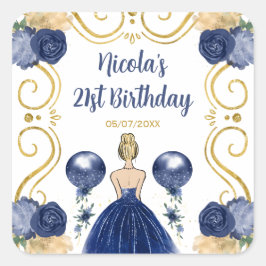 Adesivo Quadrado Birthday Party Blonde Princess in Navy Blue