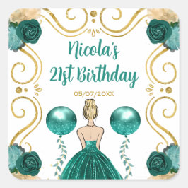 Adesivo Quadrado Birthday Party Blonde Princess in Teal