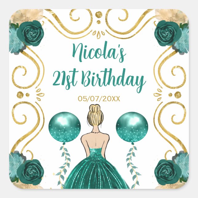 Adesivo Quadrado Birthday Party Blonde Princess in Teal (Frente)