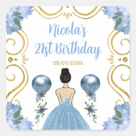 Adesivo Quadrado Birthday Party Brown Hair  Princess in Dusty Blue