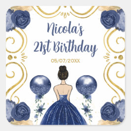 Adesivo Quadrado Birthday Party Brown Hair  Princess in Navy Blue