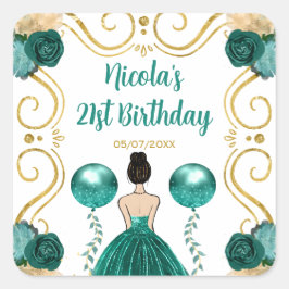 Adesivo Quadrado Birthday Party Brown Hair Princess in Teal