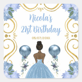 Adesivo Quadrado Birthday Party Dark Skin Princess in Dusty Blue
