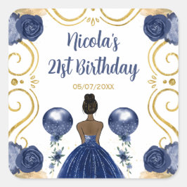 Adesivo Quadrado Birthday Party Dark Skin Princess in Navy Blue