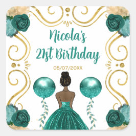 Adesivo Quadrado Birthday Party Dark Skin Princess in Teal