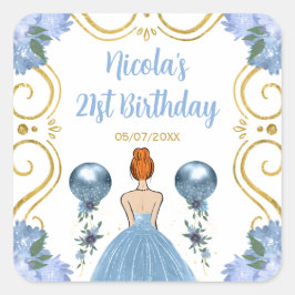 Adesivo Quadrado Birthday Party Red Hair Princess in Dusty Blue