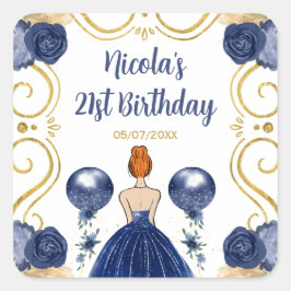 Adesivo Quadrado Birthday Party Red Hair Princess in Navy Blue