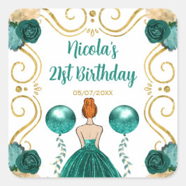 Adesivo Quadrado Birthday Party Red Hair Princess in Teal