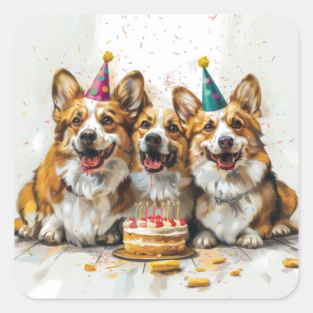 Adesivo Quadrado Birthday Pembroke Welsh Corgi Cães (Frente)