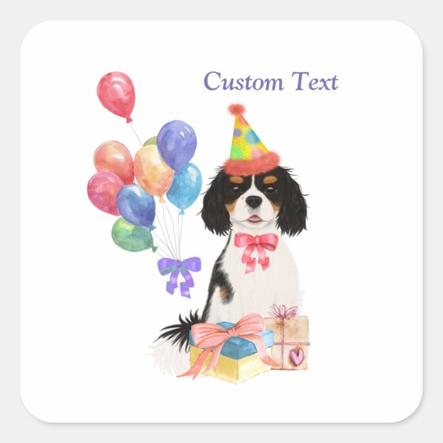 Adesivo Quadrado Birthday Tri Cavalier King Charles Spaniel  (Frente)