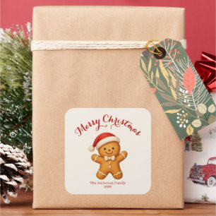 Adesivo Quadrado Biscoito de Gengibre Fofo com Chapéu de Papai Noel