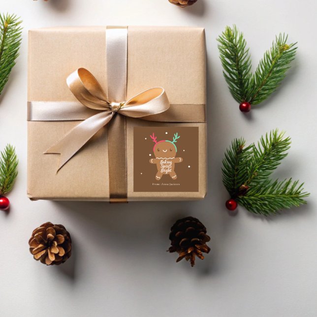 Adesivo Quadrado Biscoito de Gengibre Rena Espíritos de Natal Brilh (Criador carregado)