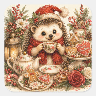 Adesivo Quadrado Biscoitos de Gengibre de Natal Fofos de Ouriço de