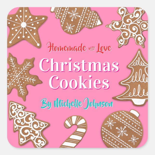 Adesivo Quadrado Biscoitos de Natal Caseiros Rosa (Frente)