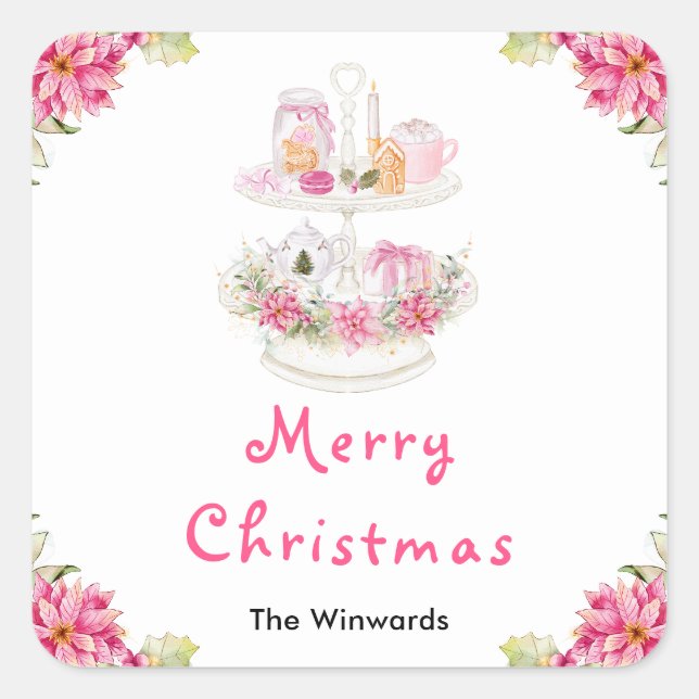 Adesivo Quadrado Biscoitos de Natal e Cacau Rosa Feliz Natal (Frente)